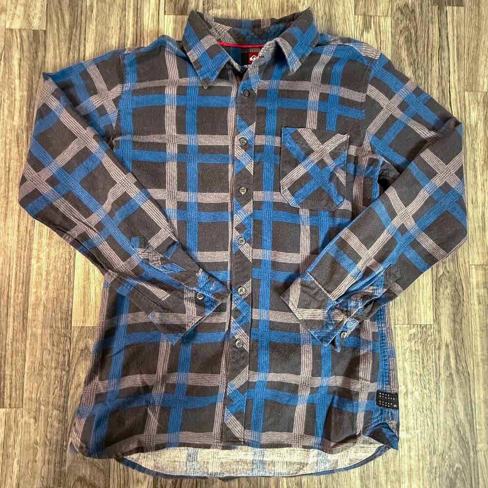 Quiksilver Flannel Shirt Mens Small Blue Gray Plaid Button Front Long Sleeve